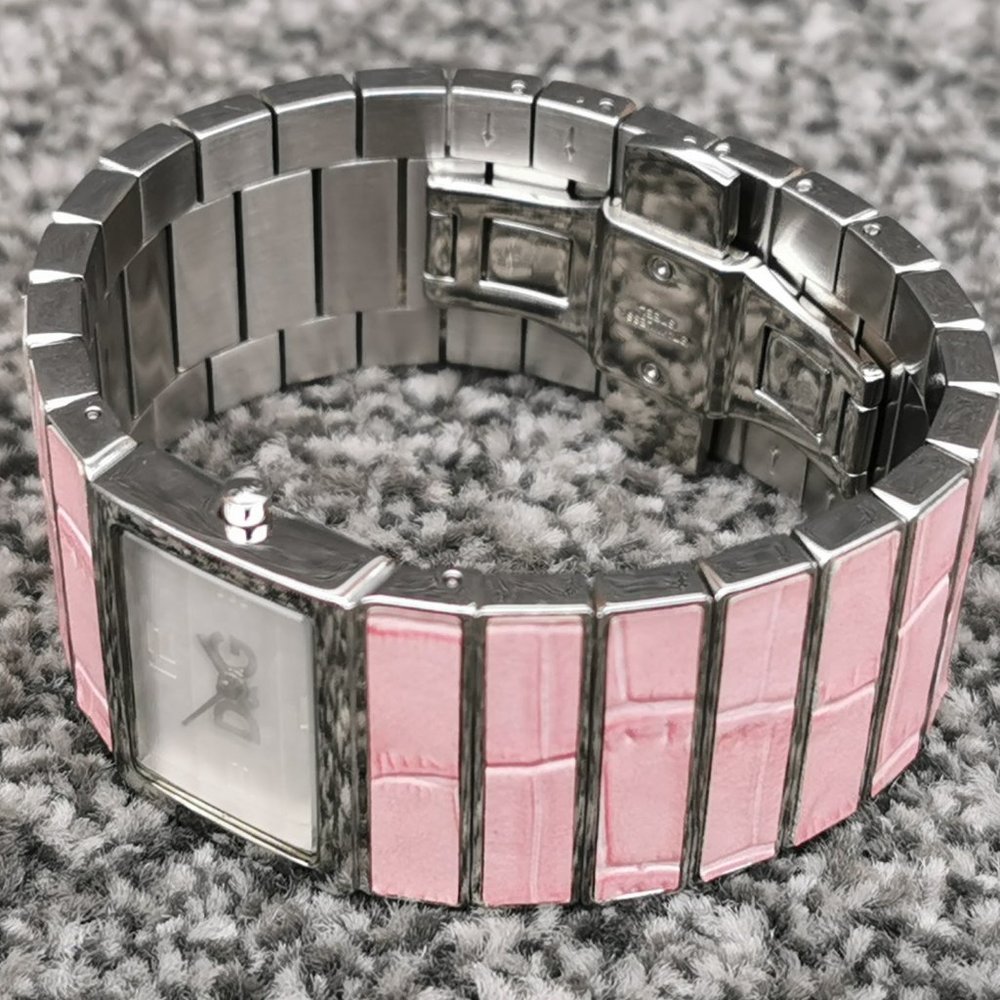 D&G TIME Quartz Watch Pink Croco Grain Stainless Steel Cuff Bracelet Authentic - Picture 10 of 12